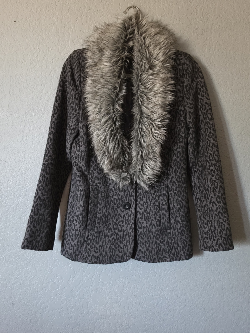 Frenchi Gray Leopard Print Pea Coat with Faux Fur Collar